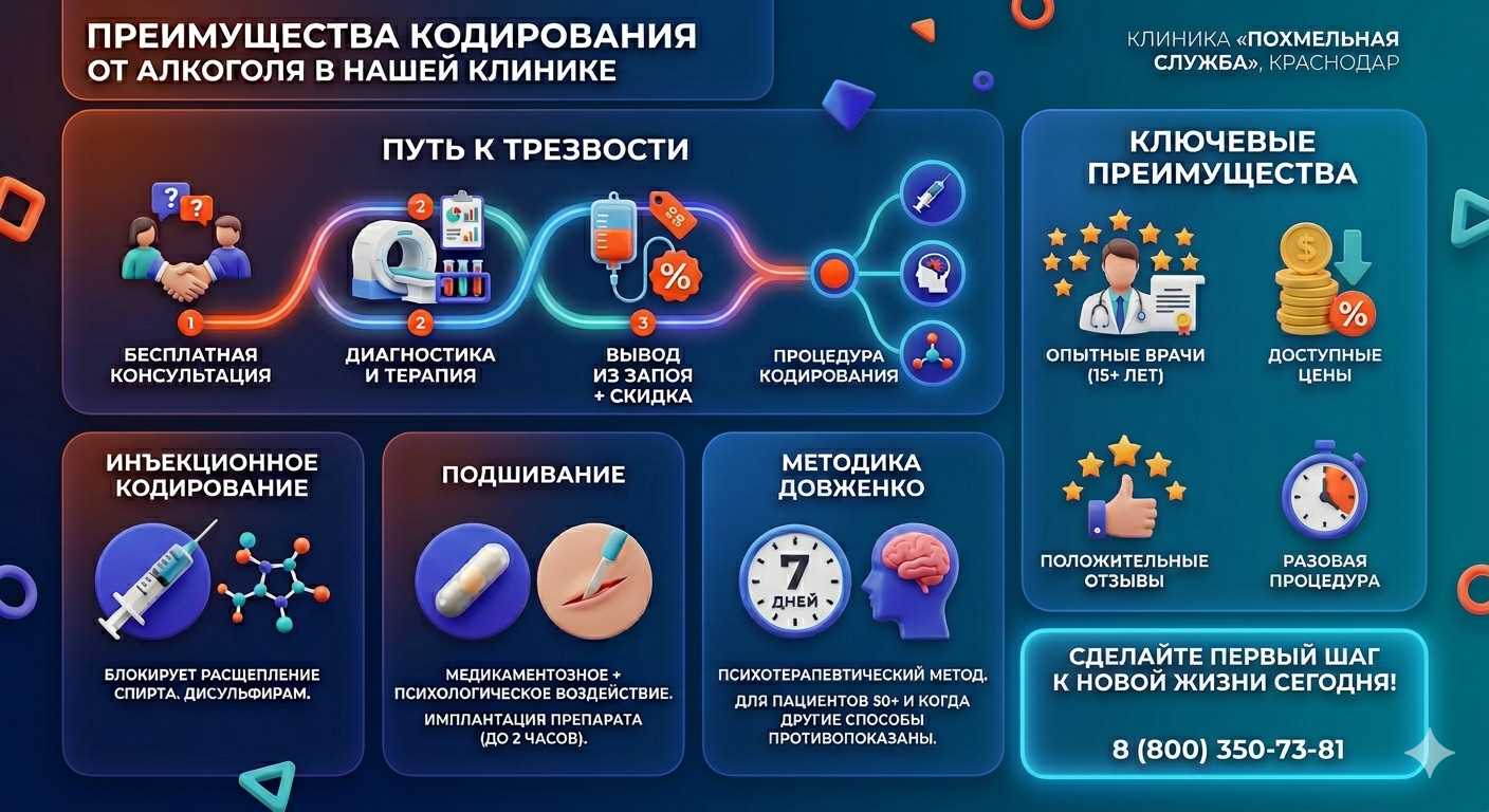 Инфографика о методах кодирования от алкоголя в Королёве: инъекции, подшивание, метод Довженко. Преимущества клиники и этапы лечения.