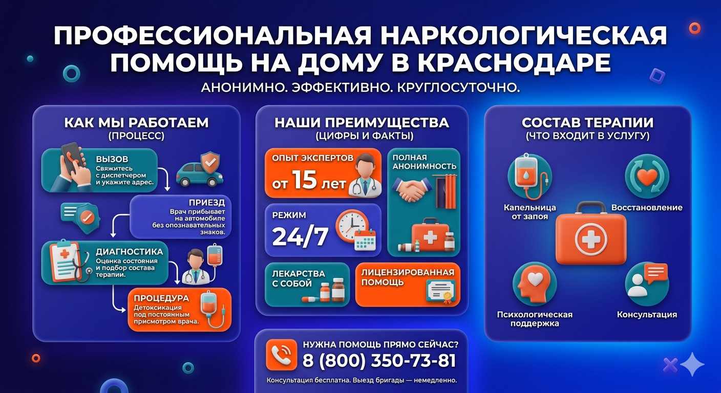 Инфографика о принципах лечения алкоголизма на дому в Королёве: этапы вызова нарколога, преимущества анонимной детоксикации и состав медицинской помощи.